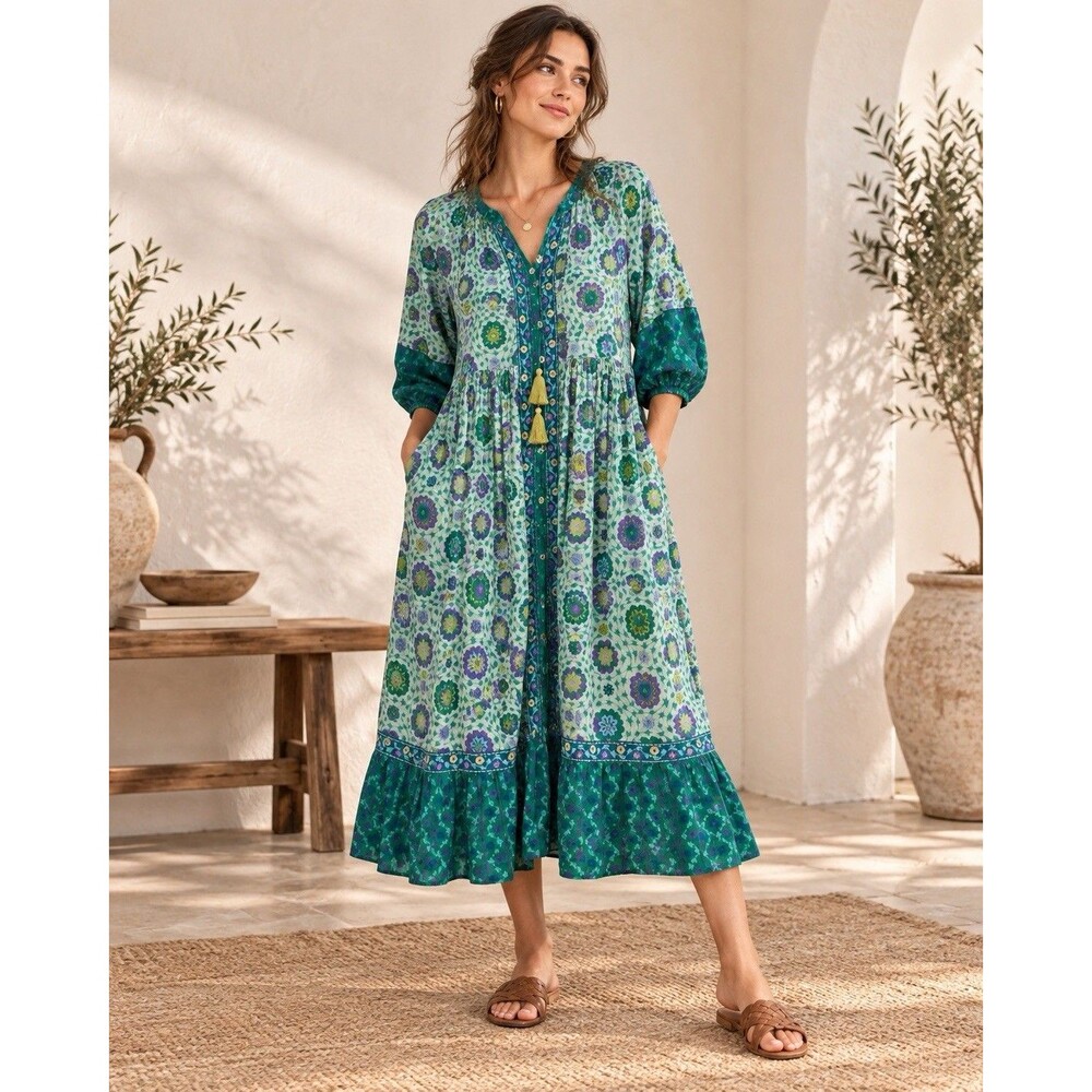 Gudrun Sjoden 100% Organic Cotton Green Multi Color Floral Midi Dress Pockets